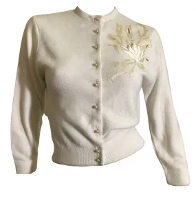 Satin Cutwork Floral Accented Ivory Cardigan Sweater circa 1950s