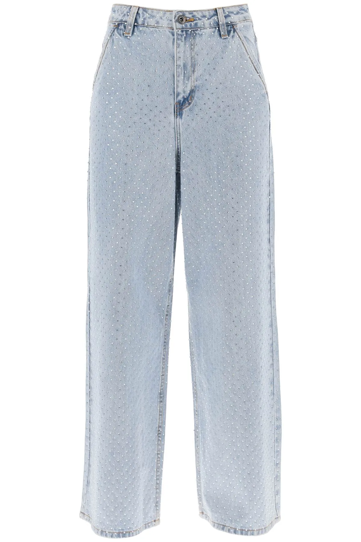 Self Portrait Rhinestone Studded Wide Leg Jeans   Light Blue