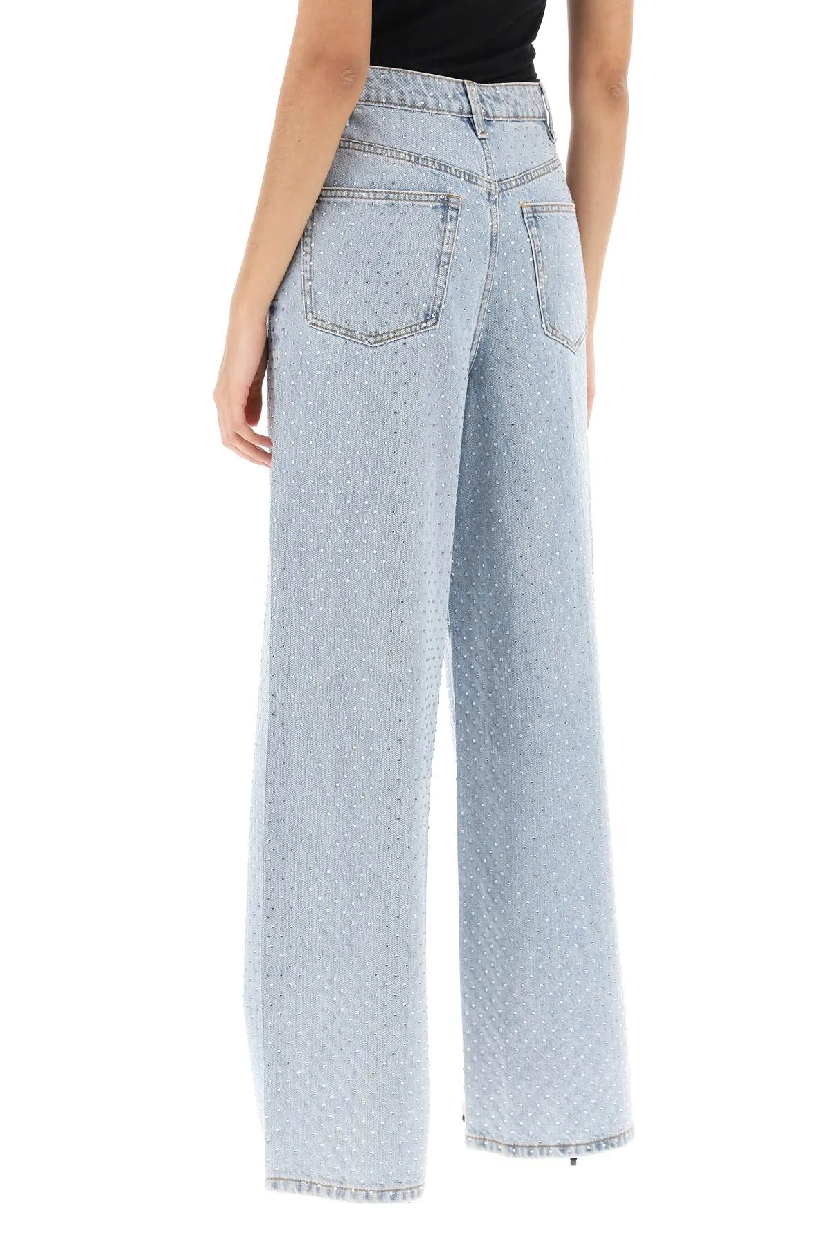 Self Portrait Rhinestone Studded Wide Leg Jeans   Light Blue