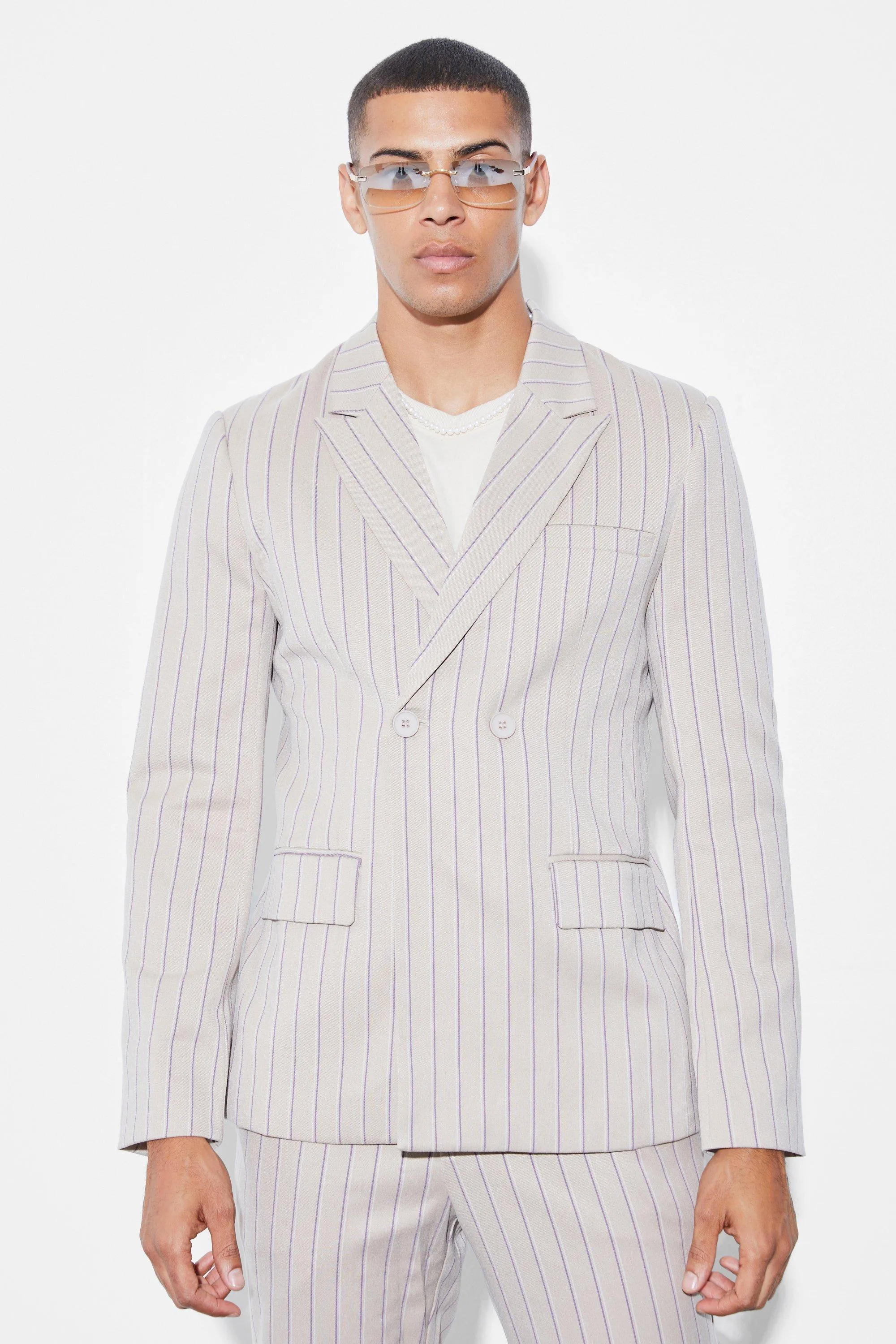 Slim Double Breasted Stripe Suit Jacket