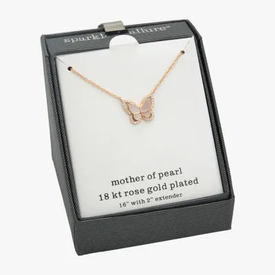 Sparkle Allure Halo Mother Of Pearl Cultured Freshwater Pearl 18K Rose Gold Over Brass 16 Inch Link Butterfly Pendant Necklace