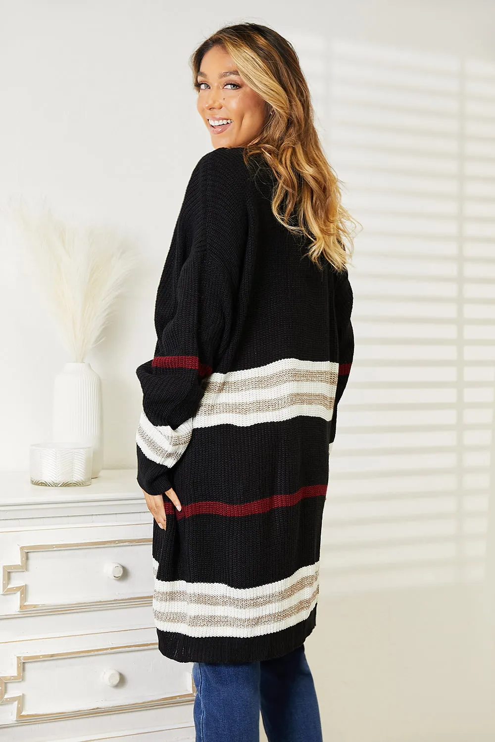 Striped Rib-Knit Drop Shoulder Open Front Cardigan in Black