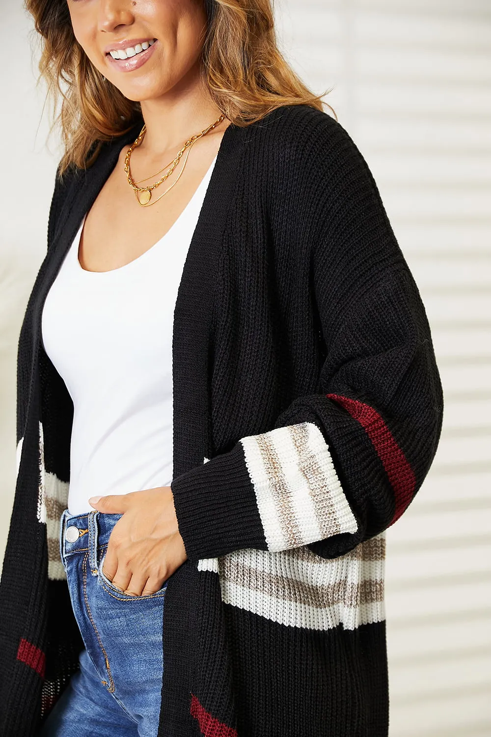 Striped Rib-Knit Drop Shoulder Open Front Cardigan in Black