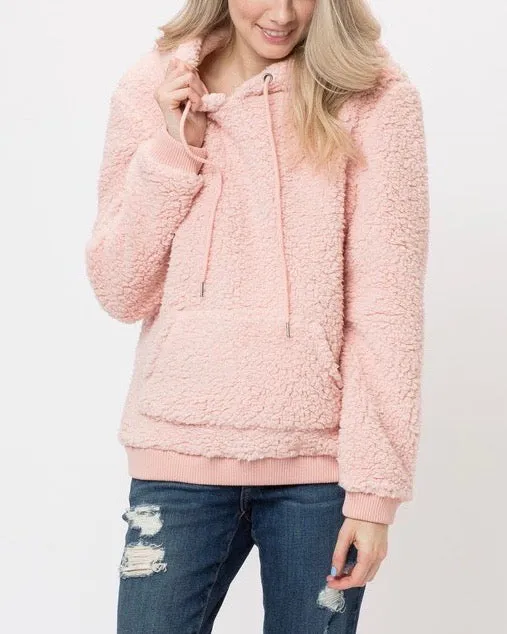 Super Soft Sherpa Front Pocket Hoodie Pullover - Pink