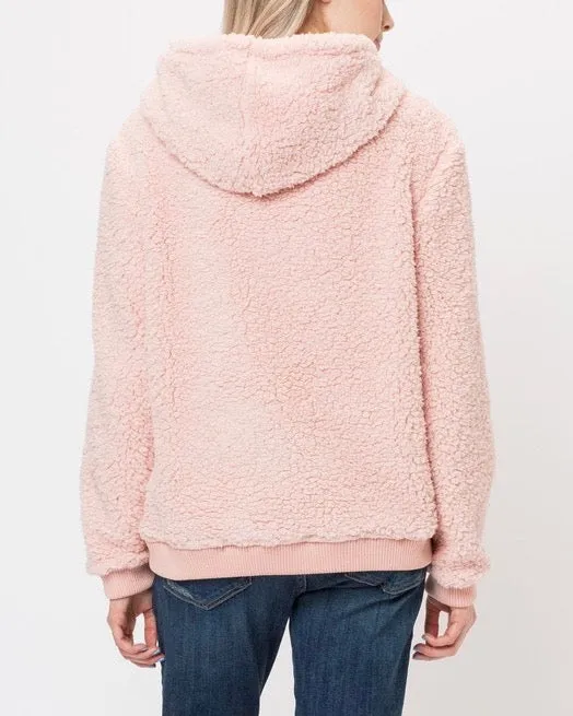 Super Soft Sherpa Front Pocket Hoodie Pullover - Pink