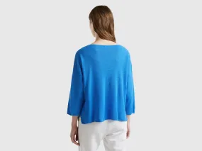 Sweater in linen blend with 3/4 sleeves - Blue | Benetton