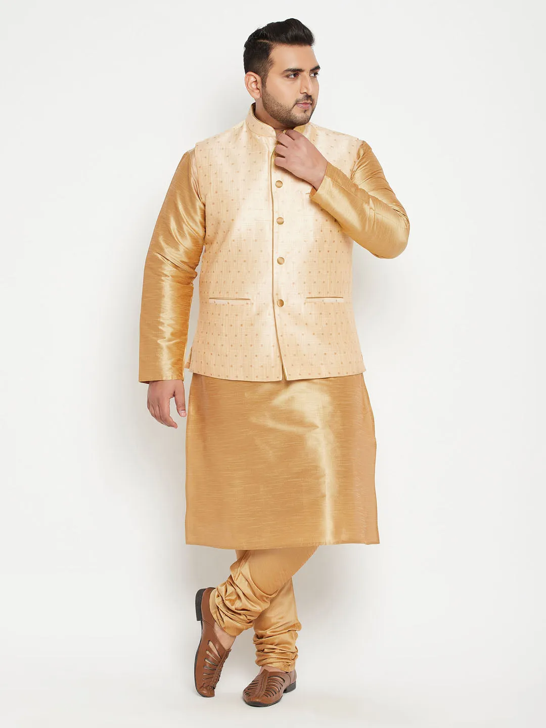 VASTRAMAY Men's Plus Size Gold Zari Weaved Nehru Jacket With Kurta Pyjama set