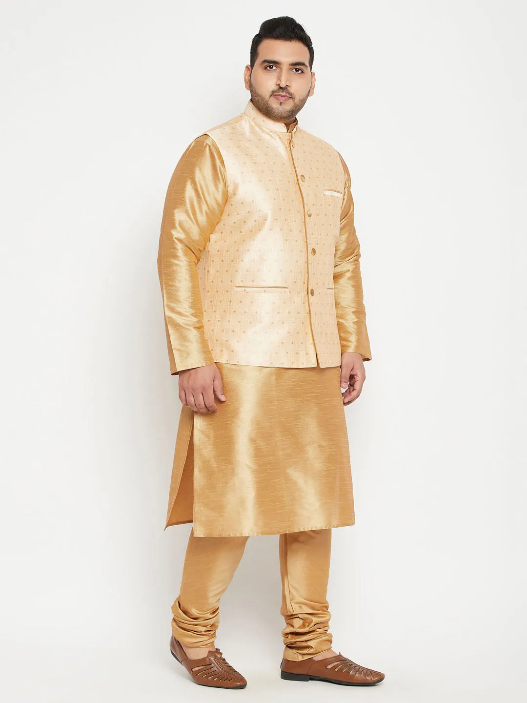 VASTRAMAY Men's Plus Size Gold Zari Weaved Nehru Jacket With Kurta Pyjama set