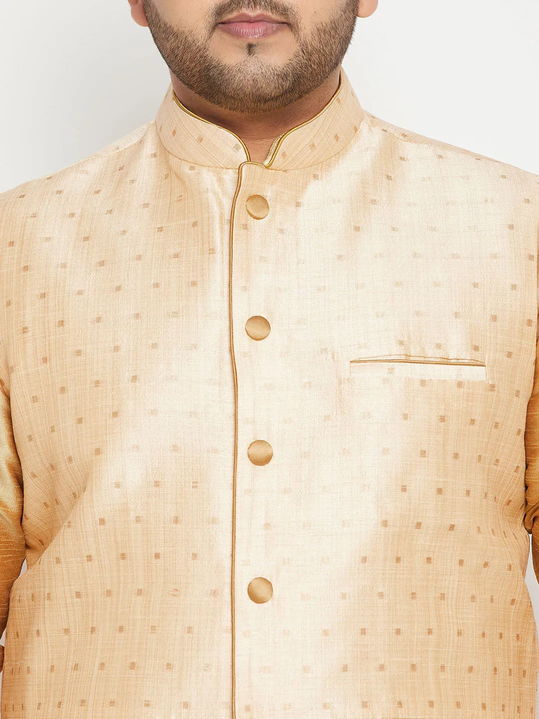 VASTRAMAY Men's Plus Size Gold Zari Weaved Nehru Jacket With Kurta Pyjama set