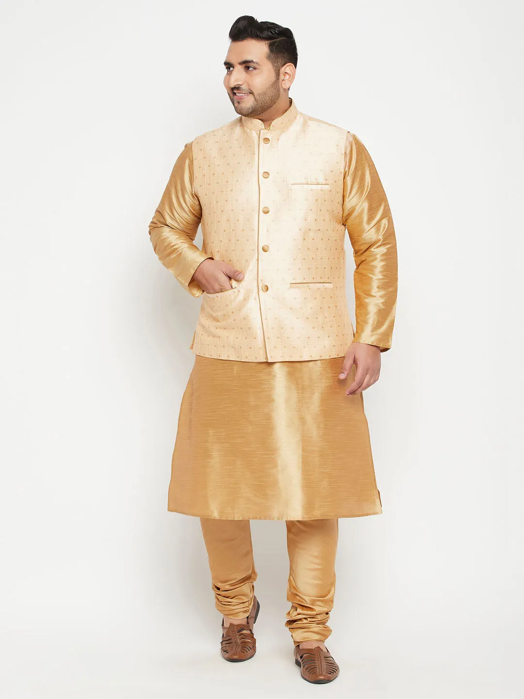 VASTRAMAY Men's Plus Size Gold Zari Weaved Nehru Jacket With Kurta Pyjama set