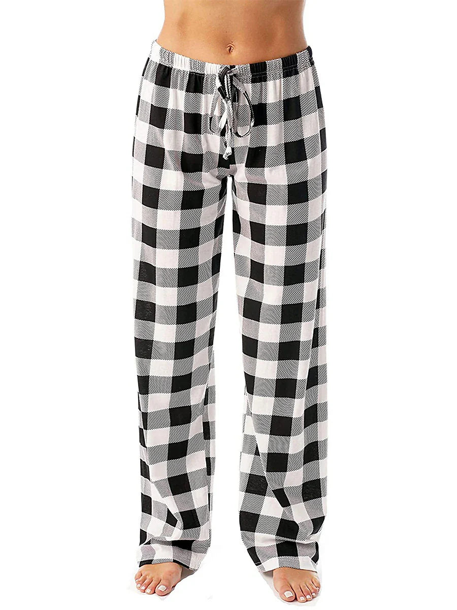 White and Pink Women's Flannel Grid/Plaid Pajama Bottoms with Adjustable Waist