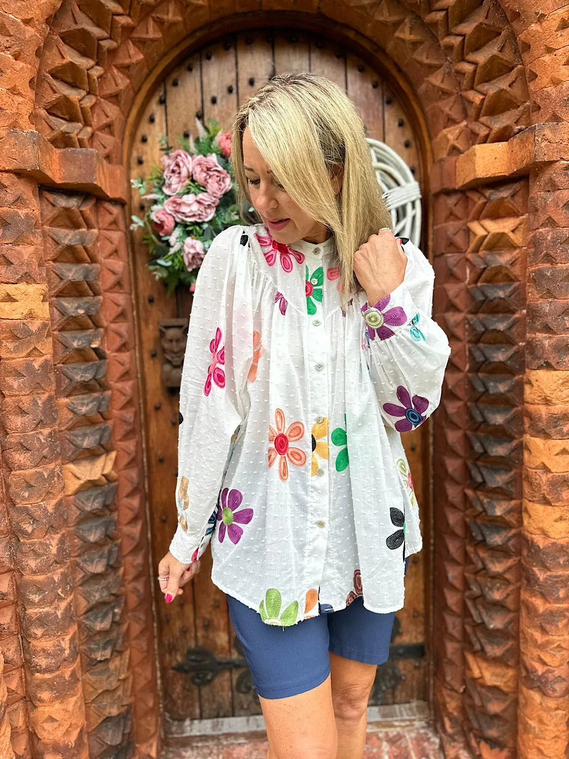 White Vibrant Embroidered Flower Blouse Hattie