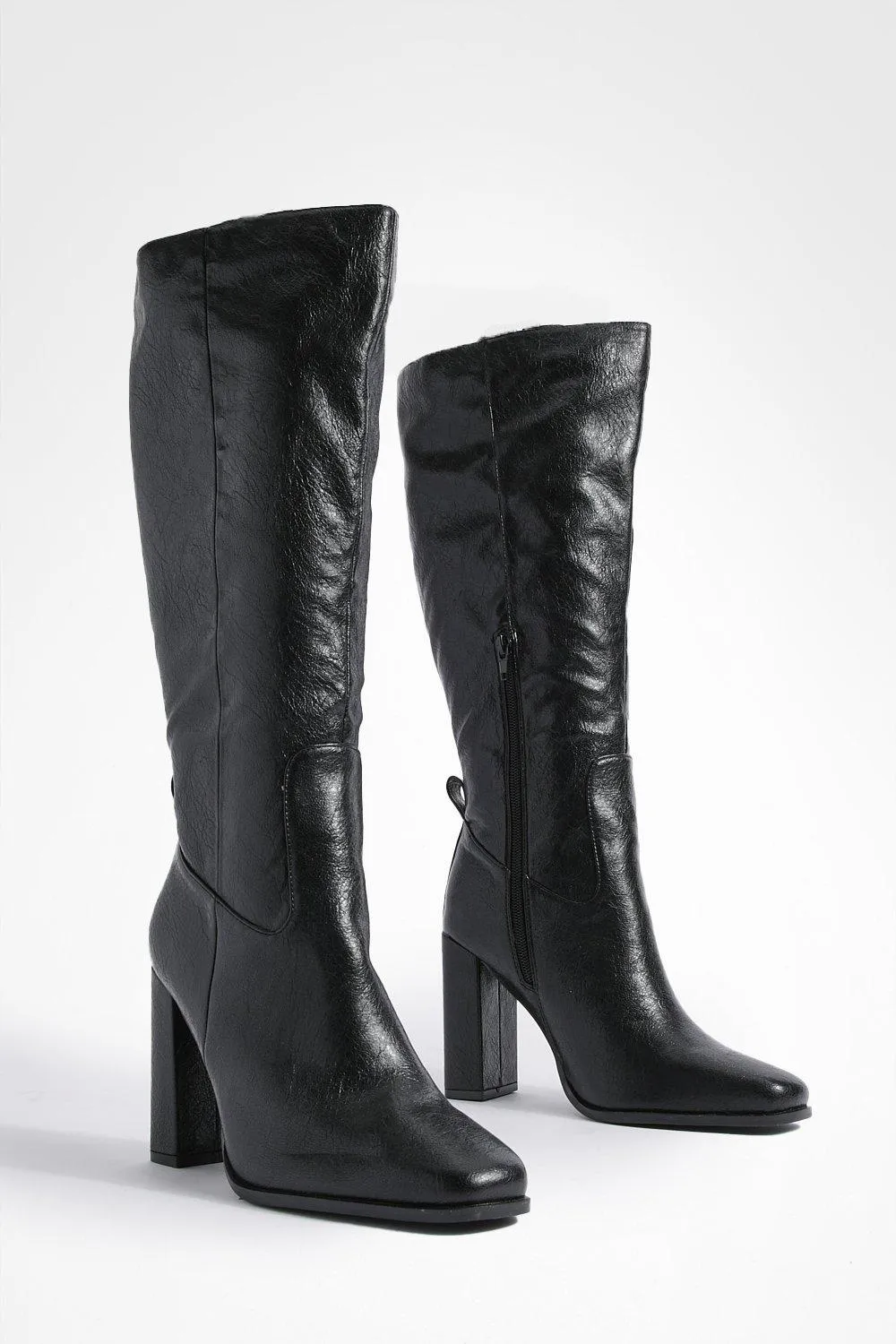 Wide Width Block Heel High Shine Knee High Boots