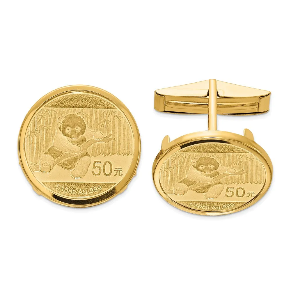 Wideband Distinguished Coin Jewelry 14k Real Gold Men's Polished Classic Mounted 1/10oz Panda Coin Bezel Cuff Links