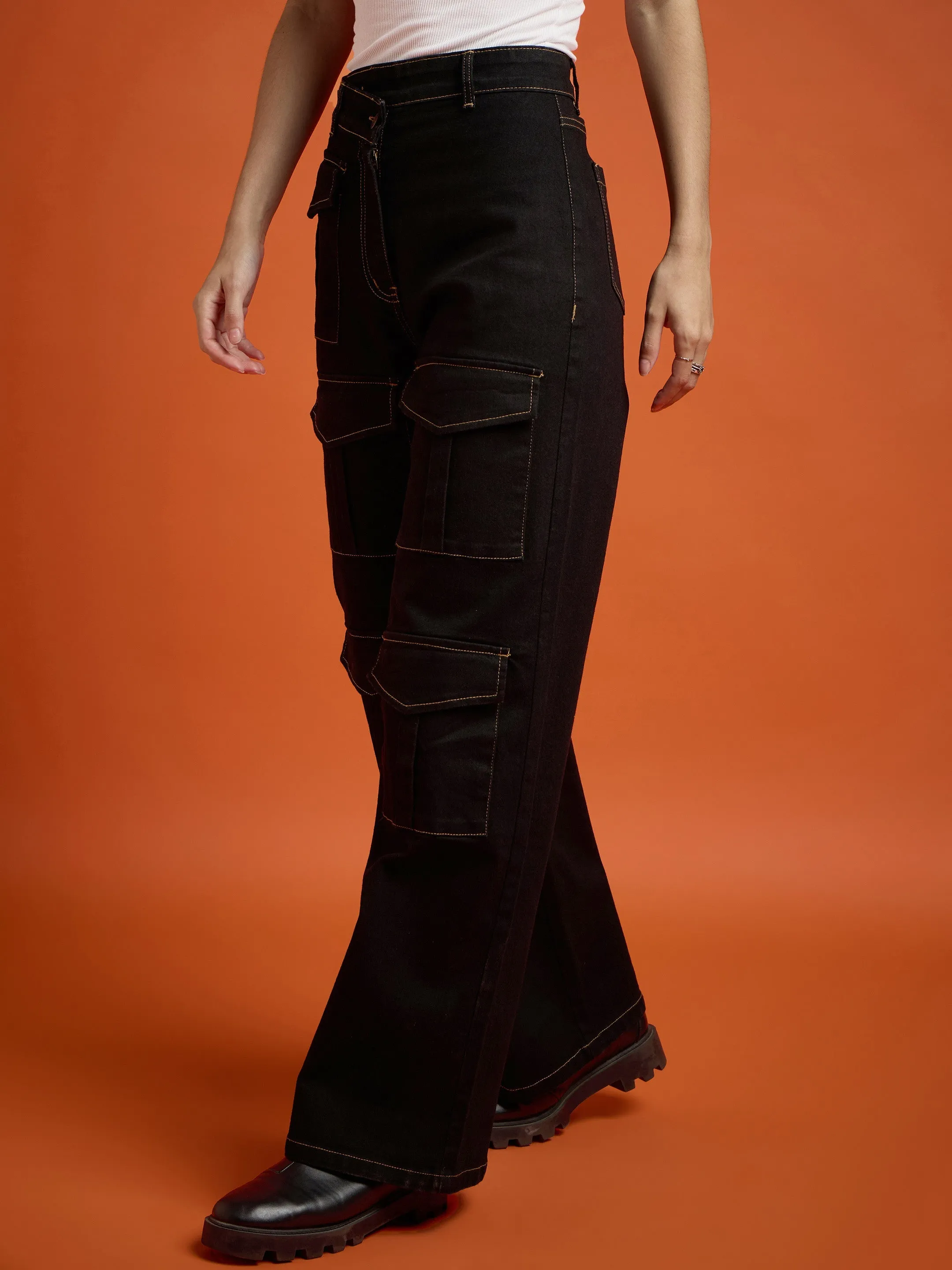 Women Black Cargo Straight Jeans