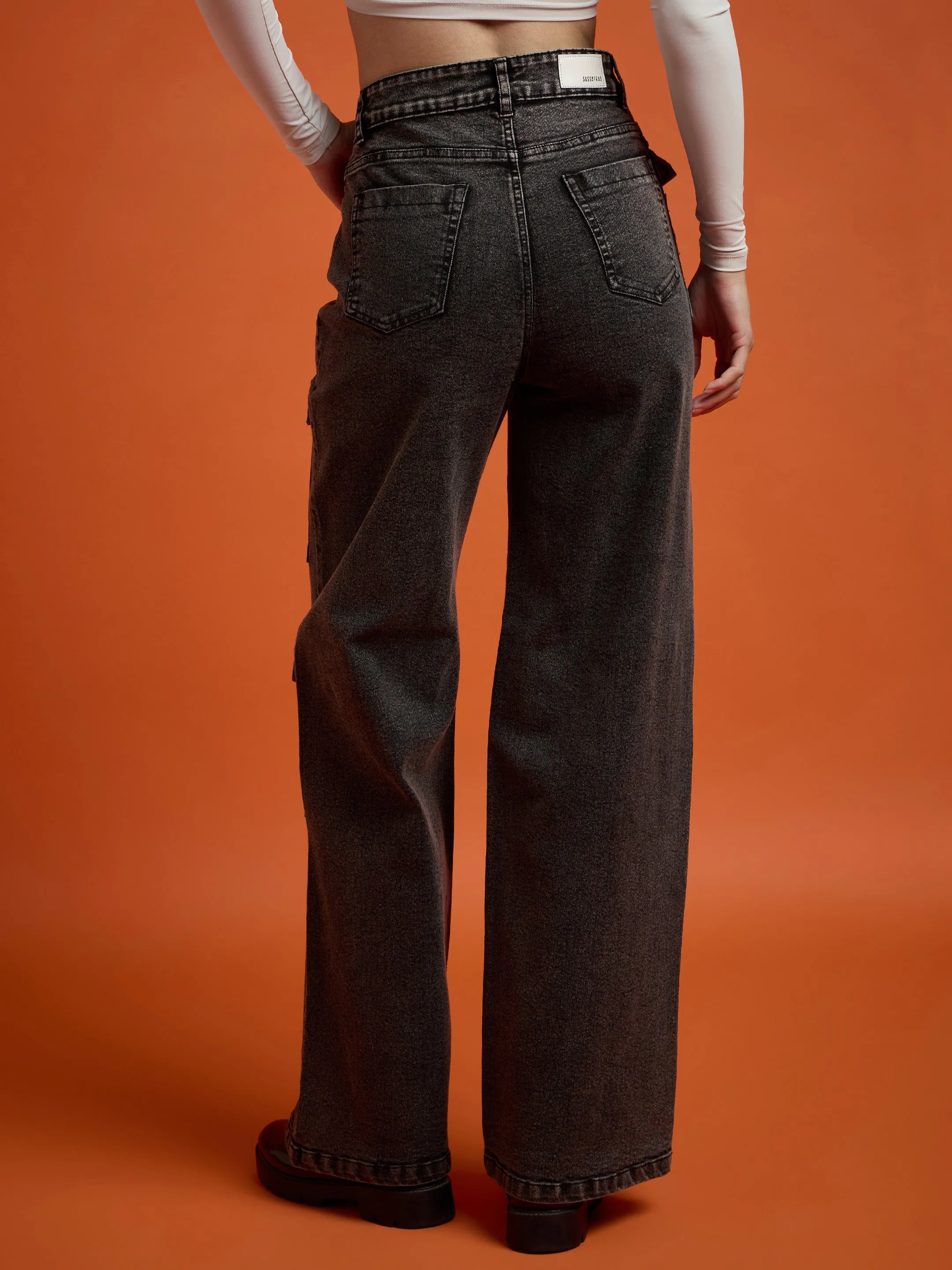 Women Black Washed Cargo Straight Jeans