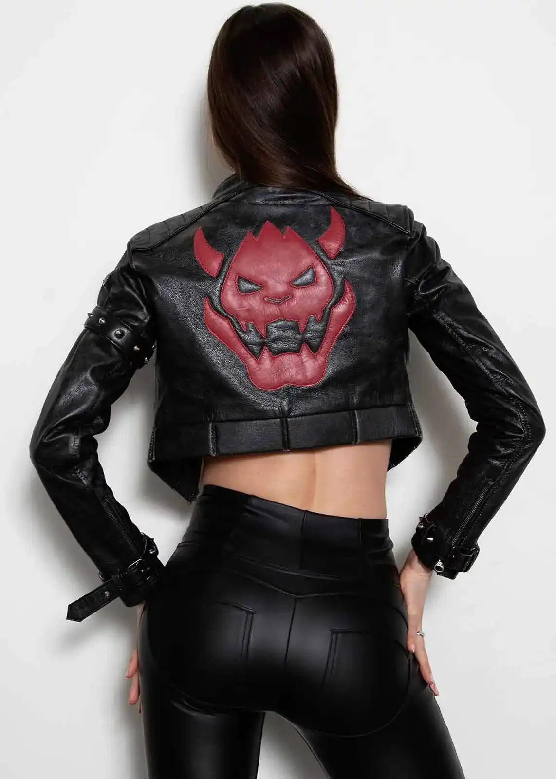 Women Cropped Black Leather Bowser Jacket - Luca Jackets