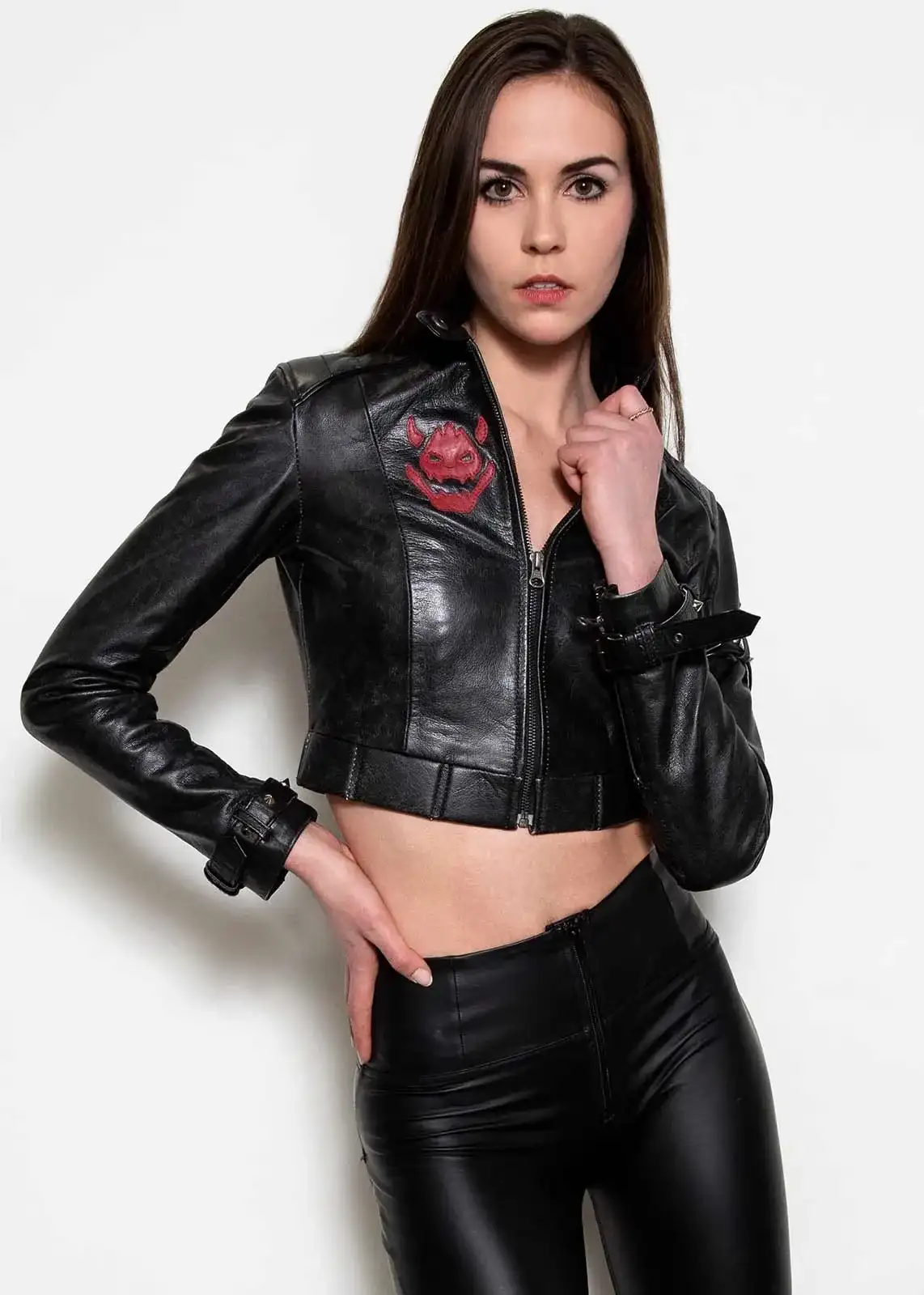 Women Cropped Black Leather Bowser Jacket - Luca Jackets