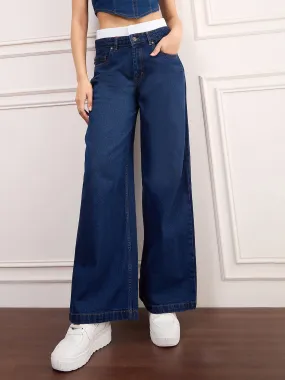 Women Navy Blue Double Waistband Jeans