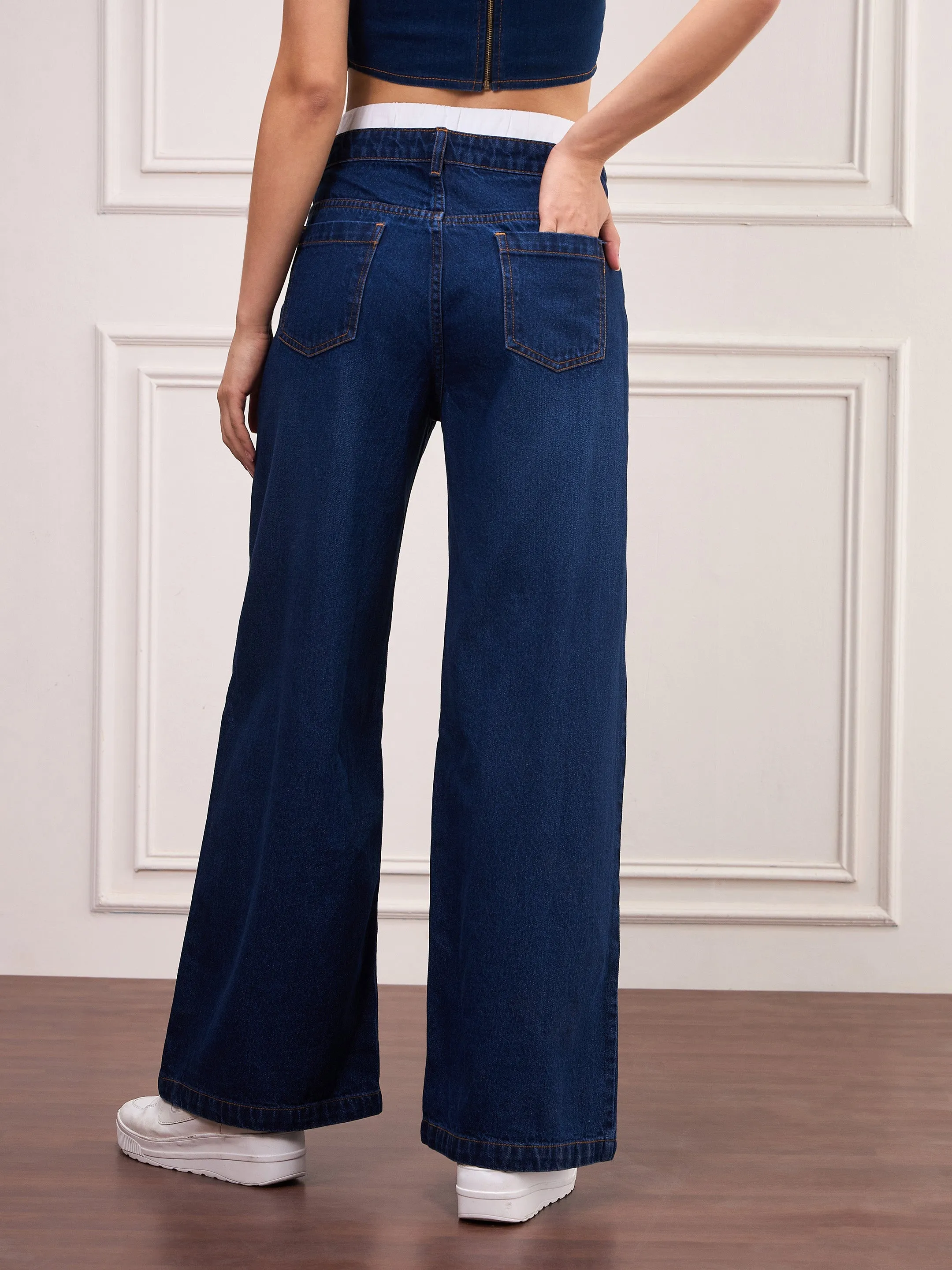 Women Navy Blue Double Waistband Jeans