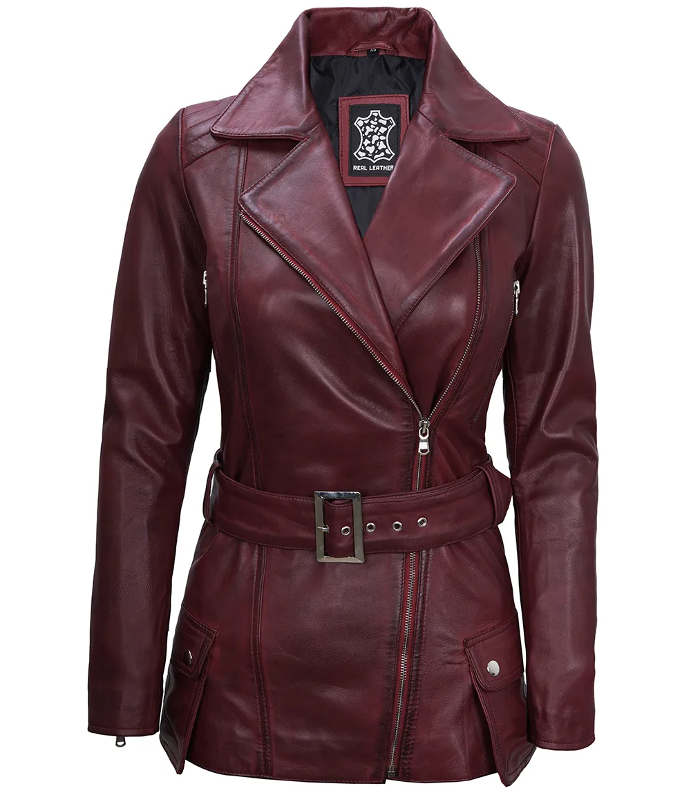 Women's Maroon Asymmetrical Real Leather Biker Jacket