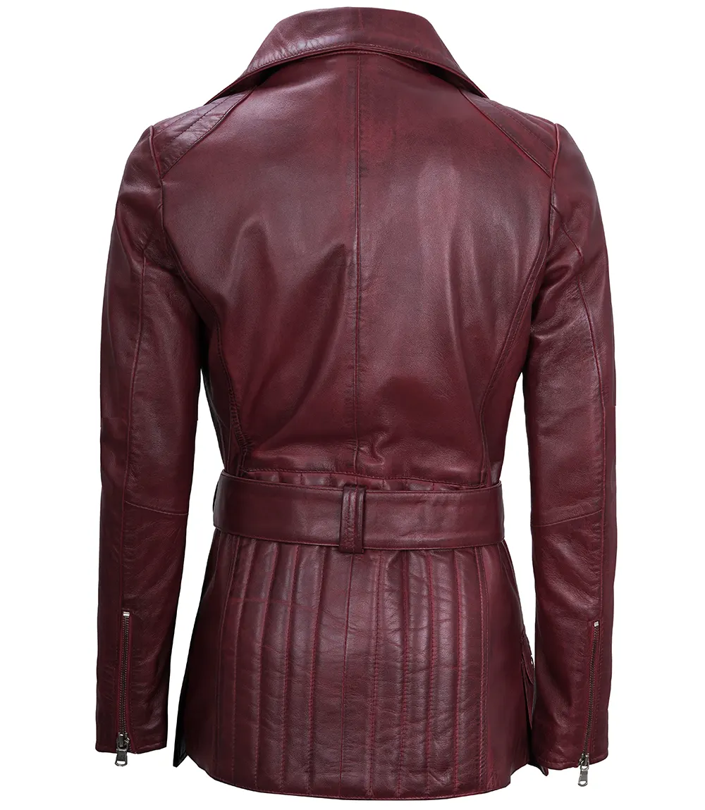 Women's Maroon Asymmetrical Real Leather Biker Jacket