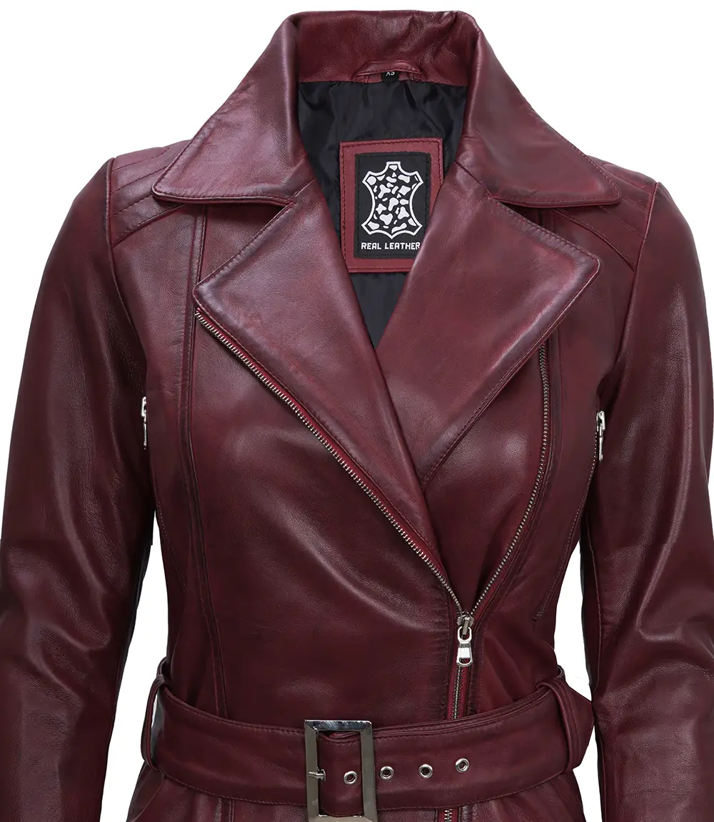 Women's Maroon Asymmetrical Real Leather Biker Jacket