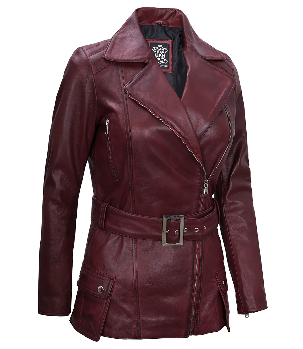 Women's Maroon Asymmetrical Real Leather Biker Jacket