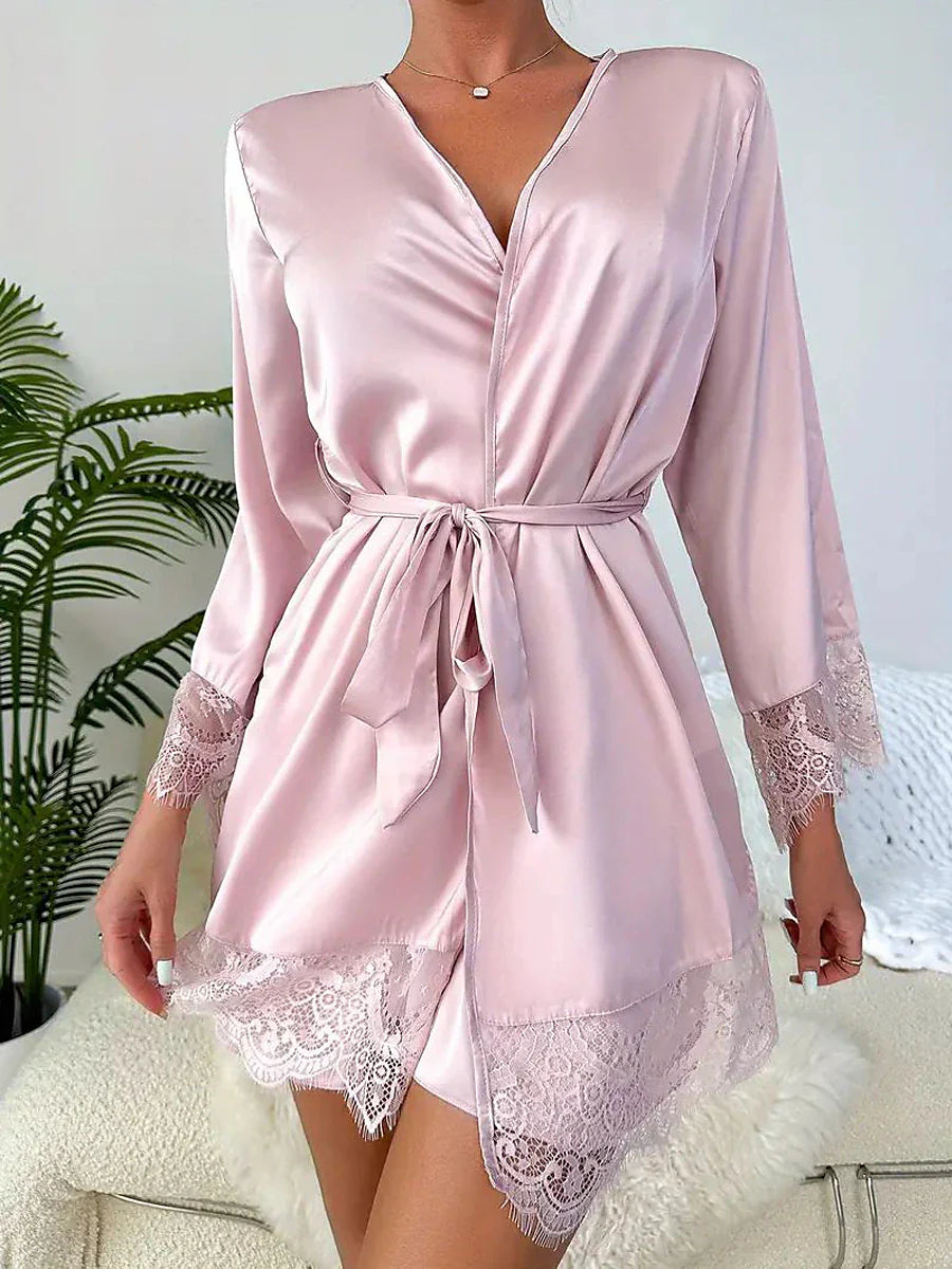 Women's Cozy Plunging Neck Polyester Nightwear Set in Lotus Pink and Classic Black